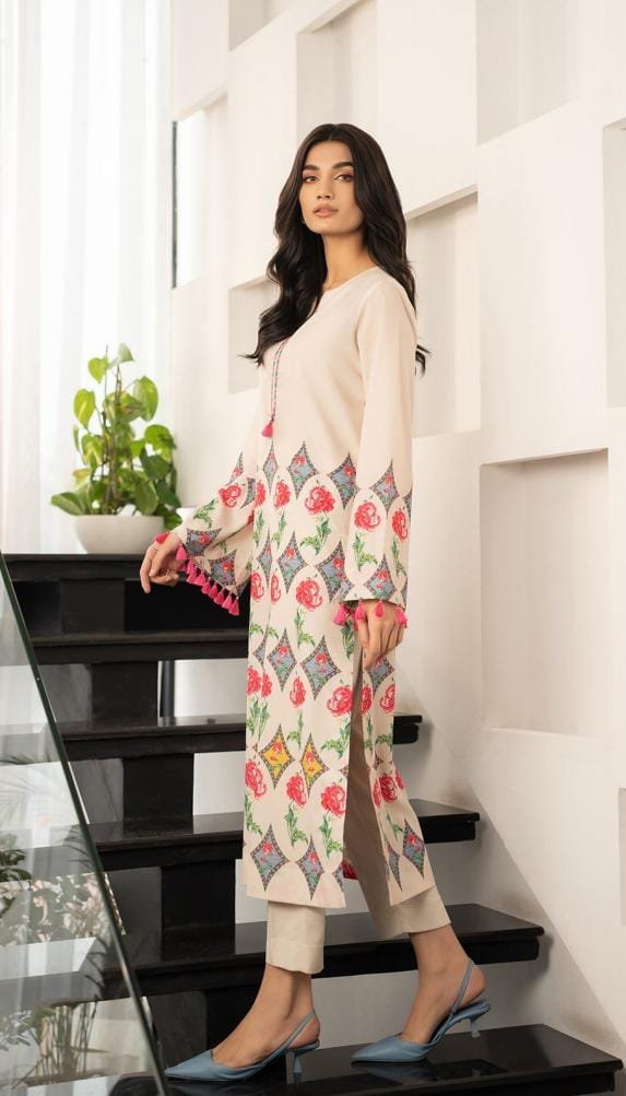 Printed Cream Floral Long 2PCs Set - Image 2