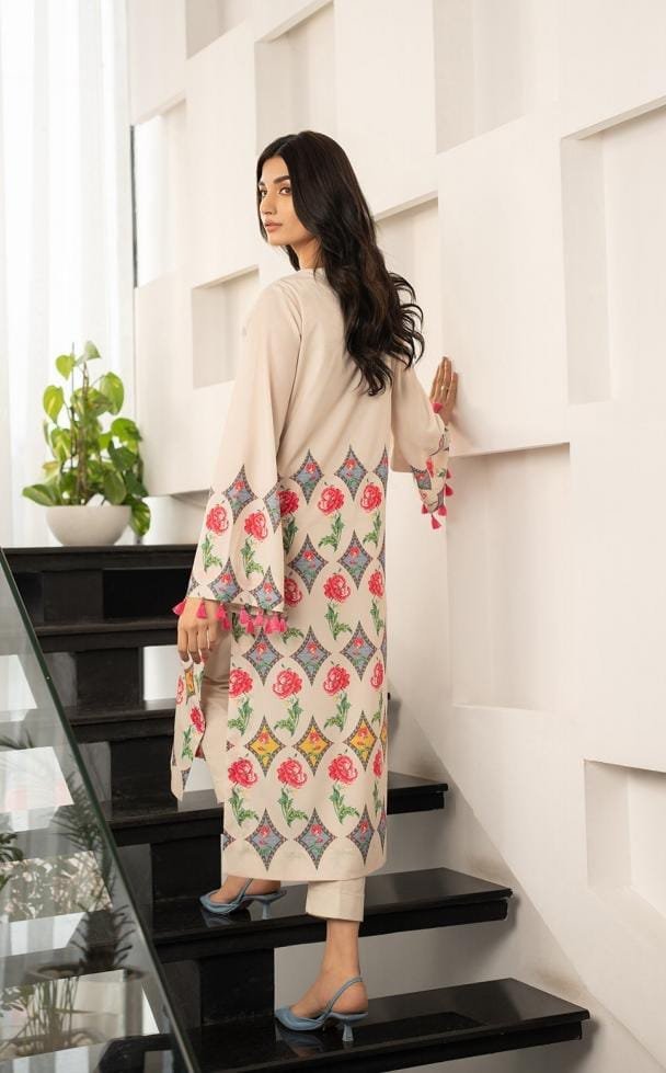 Printed Cream Floral Long 2PCs Set - Image 3