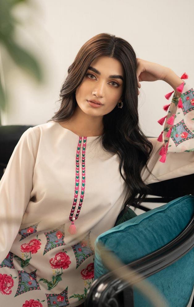 Printed Cream Floral Long 2PCs Set - Image 4